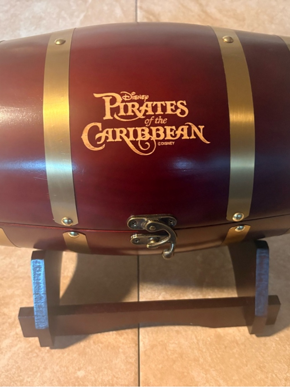 Disney Brown and Gold Barrel Pirates of the Caribbean 
Includes 2 etched glasses
